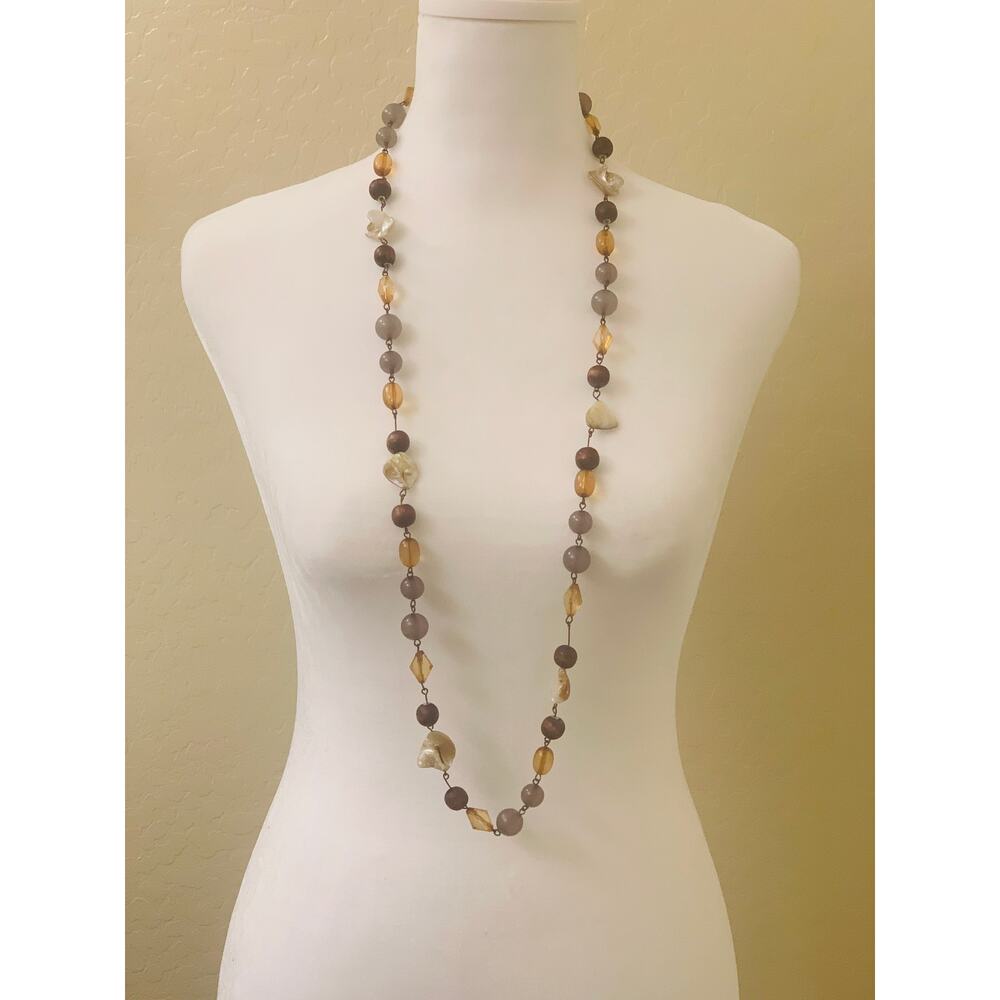 Beaded Long Necklace, Assorted Collection of Wood, Acrylic & Abalone Beads, 36"